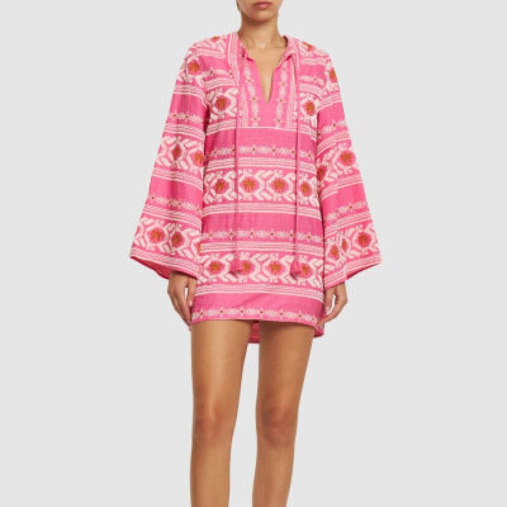 Johanna Ortiz Apurimac Mini Dress Pink Long Sleeve Lined Tassel Tunic 6